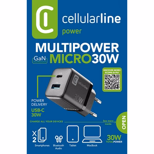 Cellularline Multipower Micro GaN USB-C- ja USB-A Power Delivery -verkkolaturi, 30 W, musta