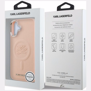 Karl Lagerfeld nimikirjain ja metallilogo MagSafe suojakuori iPhone 16 Plus - vaaleanpunainen