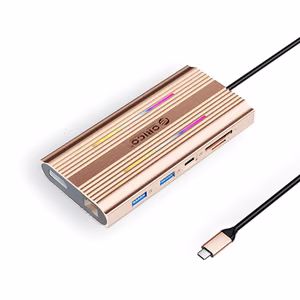 Orico XDR 12-in-1 RGB USB-C-telakointiasema USB-A USB-C 2x HDMI 4K 60Hz DisplayPort 4K 60Hz RJ45 Gigabit PD 100W SD- ja microSD-kortinlukija - ruusukulta