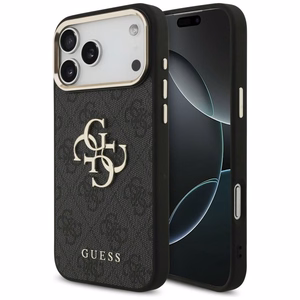 Guess PU Leather 4G Metal Logo Gold Frame -kuori Apple iPhone 18 Pro Max -puhelimelle, musta