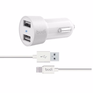Budi BD622LW car charger with 2 USB-A ports, with LED indicator, with Lightning cable