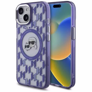 Karl Lagerfeld IML Monogram Karl & Choupette Head MagSafe Suojakuori iPhone 15:lle - Violetti