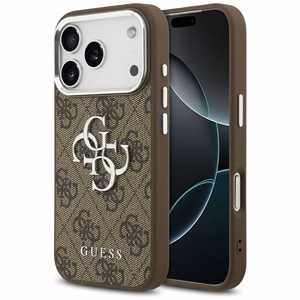 Guess Suojakuori iPhone 17 Pro:lle GUHCP17LP4G4SMCW (4G PU Nahkainen Big 4G ja Classic Logo ja Hopeinen Metallikamerakehys) Ruskea