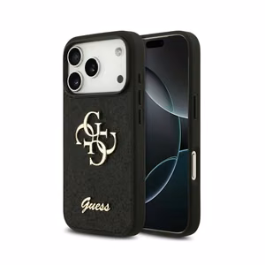 Guess PU Fixed Glitter 4G Metal Logo -kuori Apple iPhone 18 Pro Max -puhelimelle, musta