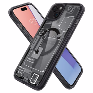 Spigen Ultra Hybrid Mag Suojakuori MagSafella iPhone 15 Plus:lle - Tummanharmaa (Zero One Pattern)