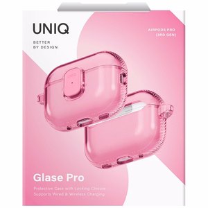 Uniq Glase Pro Suojakuori AirPods Pro 3:lle lukitussuojakuori - läpinäkyvä vaaleanpunainen