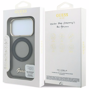 Guess IML Ring Stand 360 Script Metal Logo MagSafe suojakuori mallille iPhone 17 Pro / 18 Pro – musta