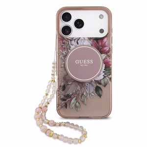 Guess IML Flowers Pearl Strap MagSafe -suojakuori iPhone 17 Pro Max - pinkki