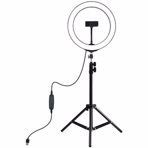 LED-rengasvalo 26 cm pöytäjalustalla jopa 1.1m, puhelinpidike, USB