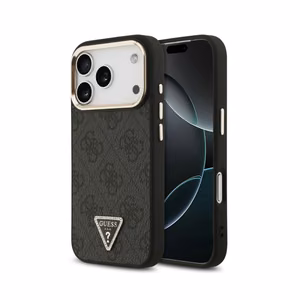 Guess PU Leather 4G Strass Triangle Logo Gold Frame MagSafe -kuori Apple iPhone 18 Pro Max -puhelimelle, musta