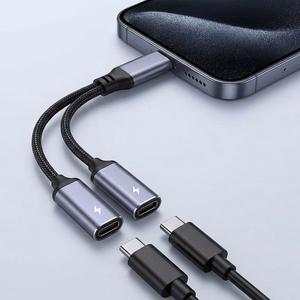 Adapteri AUX 2in1 Type C (uros) - Type C (naaras) / Type C (naaras) Blue Star musta [DAC] - lataus enint. 25 W