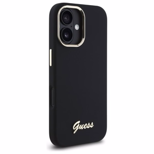 Guess Silicone Script Metal Logo & Frame Case for iPhone 16 - Black