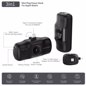 Wozinsky WF16-YCS 5000mAh 15W USB-C Mini Power Bank, jossa on sisäänrakennettu USB-C-kaapeli ja Apple Watch -laturi - musta