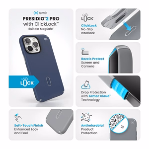 Speck Presidio2 Pro -suojakuori MagSafe- ja ClickLock-tuella iPhone 16 Pro Max:lle, Coastal Blue/Dust Grey