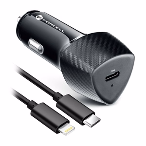 Autolaturi Forcell F-Energy Carbon USB C QC3.0 PD 3A 20W + Kaapeli USB C - Lightning CC50-1C musta