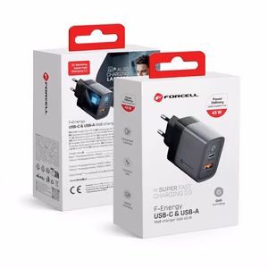 Puhelimen laturi Forcell F-Energy GaN USB C + USB A QC4.0 PD 4A 45W VT-39 harmaa