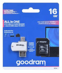 GoodRam muistikortti 16 GB microSDHC luokka 10 UHS-I + sovitin + kortinlukija