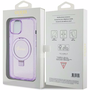 Guess Ring Stand Script Glitter MagSafe Suojakuori iPhone 15 Plus / 14 Pluslle - violetti