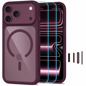 Tech-Protect MagOne CC MagSafe suojakuori ja 2 kpl karkaistuja laseja malleille iPhone 18 Pro Max / 17 Pro Max, läpinäkyvä viininpunainen