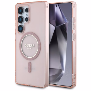 Guess Glitter Circle Classic Logo MagSafe -suojakuori Samsung Galaxy S25 Ultra pinkki