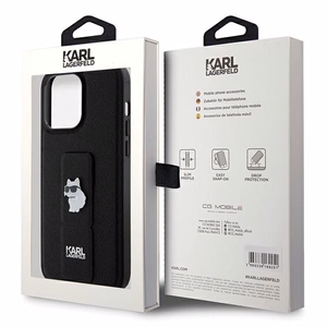 Karl Lagerfeld Gripstand Saffiano Choupette Pins -suojakuori iPhone 13 Pro / 13:lle - musta