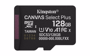 Kingston memory card 128GB microSDXC Canvas Select Plus Gen3 150MB/s A1 Card + Adapter