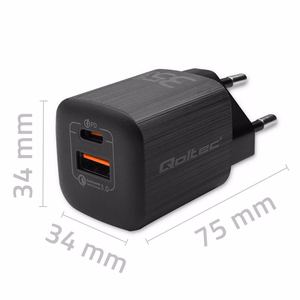 Qoltec 50764 mobiililaitteen laturi kannettava tietokone, kannettava pelikonsoli, varavirtalähde, älypuhelin, älykello, tabletti musta AC pikalaturi sisäkäyttöön