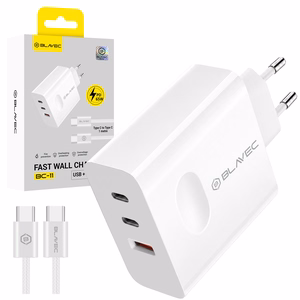 Blavec seinälaturi BC-11 GaN - USB + 2xType C - QC PD 65W 3A ja Type C - Type C -kaapeli (TCBC11G-U2CW653A) valkoinen