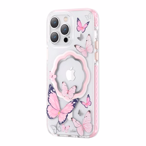 Kingxbar Butterfly Series magneettinen kotelo iPhone 14 Plus MagSafe tapauksessa perhosia vaaleanpunainen