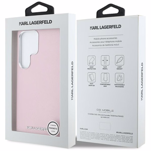 Karl Lagerfeld Saffiano Full Wrapped Elongated Metal Logo MagSafe Suojakuori Samsung Galaxy S25 Ultralle - vaaleanpunainen