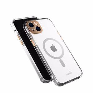 Moshi iGlaze suojakuori iPhone 14 Plus -laitteelle, MagSafe-yhteensopiva, läpinäkyvä Sunset Gold -yksityiskohdilla