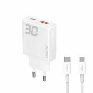 GaN Dudao A30EUT 30W USB-A / USB-C seinälaturi + USB-C - USB-C kaapeli - valkoinen
