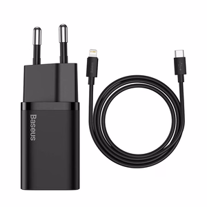 Baseus Super Si 20W laturi USB-C + USB-C - Lightning-kaapeli 1,0 m musta TZCCSUP-B01