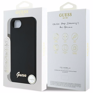 Guess HC Silikoninen Script Metal Logo Suojakuori iPhone 16e:lle - Musta