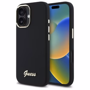 Guess Silikoninen Script Metal Logo & Frame Suojakuori iPhone 16:lle - musta