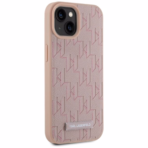 Karl Lagerfeld Leather Monogram Metal Logo MagSafe Suojakuori iPhone 15:lle - vaaleanpunainen