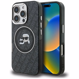 Karl Lagerfeld IML Glitter Karl & Choupette Heads Logo MagSafe Suojakuori iPhone 16 Pro - musta
