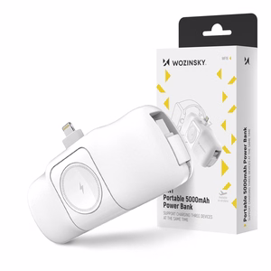 Wozinsky WF16-YLS 5000mAh 15W Lightning Mini Power Bank, jossa on sisäänrakennettu USB-C-kaapeli ja Apple Watch -laturi - Valkoinen