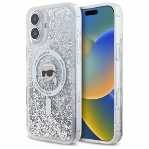 Karl Lagerfeld Liquid Glitter Karl Head MagSafe Suojakuori iPhone 16:lle - läpinäkyvä
