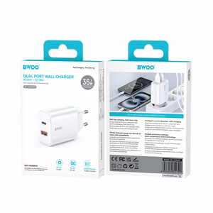BWOO CDA207 PD 36W seinälaturi 1x USB-A + USB-C valkoinen
