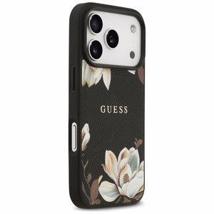 Guess Grained Flowers Classic Logo MagSafe -suojakuori iPhone 17 Pro - musta