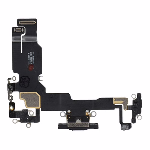 Original charging-port flex cable removed from a donor device for iPhone 15 – black