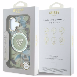 Guess suojakuori iPhone 16:lle MagSafe-tuella GUHMP16SHFLPEDN (IML Metal Glitter Flowers Triangle) - vihreä