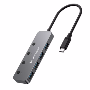 Harmaa alumiininen 4 × USB-A 3.0 -keskitin Wozinsky WHS080YSS erillisillä kytkimillä ja 15 cm:n USB-C-kaapelilla