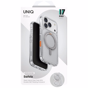 Uniq Swivix -suojakuori iPhone 17 Pro:lle 360° kääntyvällä jalustalla – läpinäkyvä