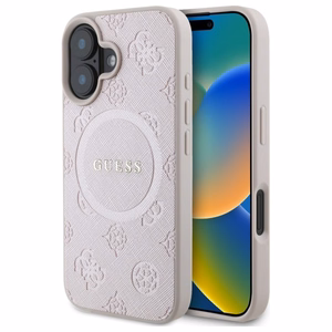 Guess Saffiano Peony Classic Logo MagSafe Suojakuori iPhone 16:lle - Vaaleanpunainen
