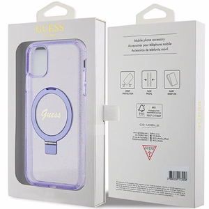 Guess Ring Stand Script Glitter MagSafe suojakuori iPhone 11 / Xr:lle - violetti