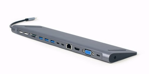 Gembird A-CM-COMBO9-01 USB Type-C 9-in-1 -moniporttisovitin (USB-keskitin + HDMI + VGA + PD + kortinlukija + LAN + 3.5 mm ääni), tähtiharmaa