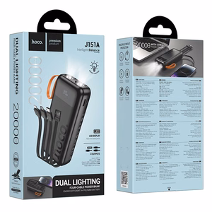Hoco J151A -varavirtalähde 20000 mAh 2A sisäänrakennetuilla kaapeleilla USB-A + USB-C + Lightning + Micro USB ja kaksoisvalolla, musta