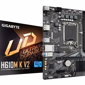 Emolevy GIGABYTE Intel H610, LGA1700, Micro-ATX, DDR5-muisti, 2 muistipaikkaa, 1xPCI-Express 3.0 1x, 1xPCI-Express 4.0 16x, 1xM.2, 1xHDMI, 1xDisplayPort, 4xUSB 2.0, 2xUSB 3.2, 1xPS/2, 1xRJ45, 3xAudioportti, H610MKV2